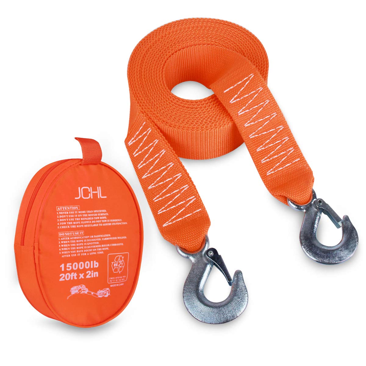 Jchl Tow Strap Heavy Duty With Hooks 2   X20 15,000Lb Recovery Strap 6,8 Tons Towing Strap With Safety Hooks Polyester