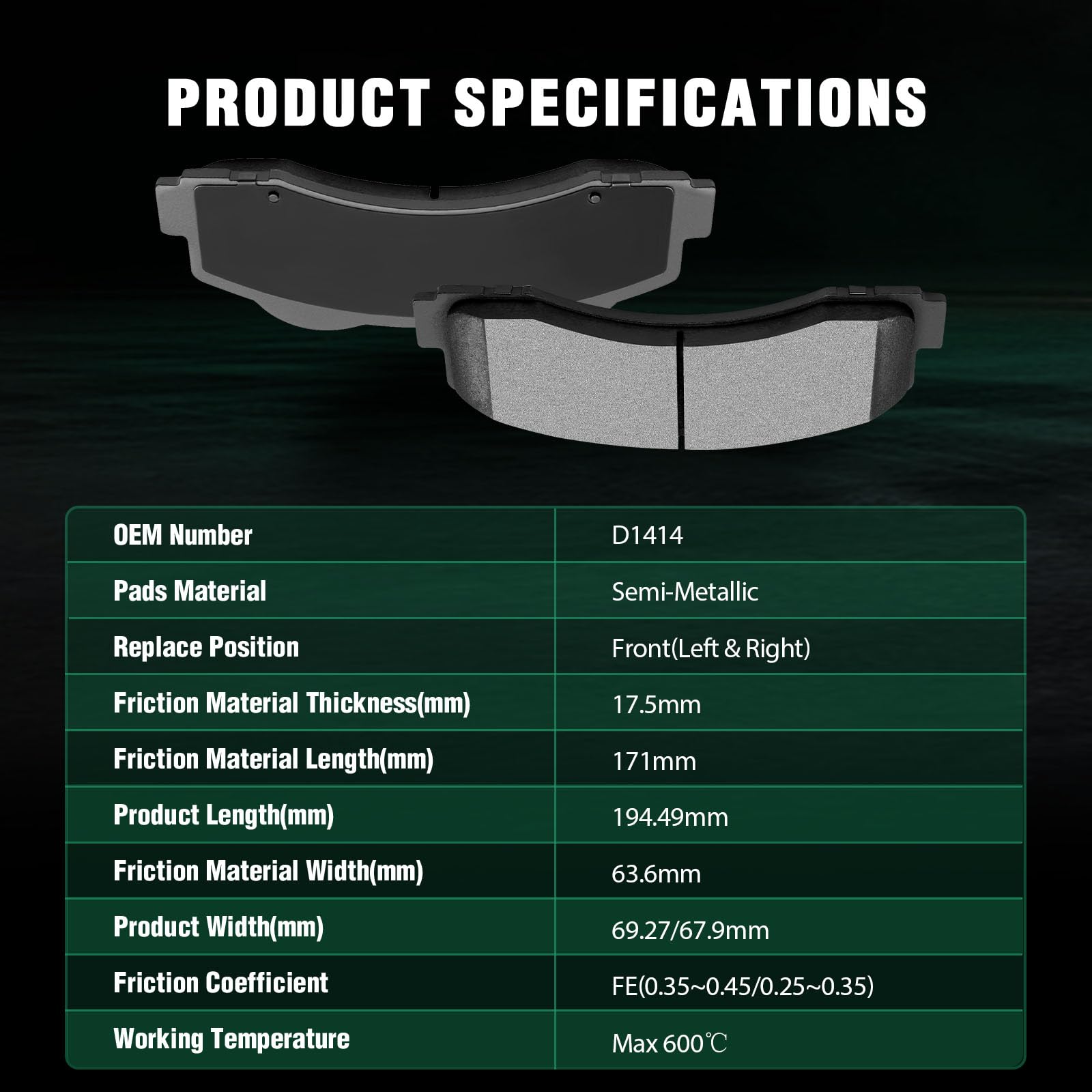 Automuto 4Pcs Front Semi-Metallic Disc Brake Pads Set D1414 For Ford For Expedition 2010-2019, For Ford For F-150 2010-2019,For