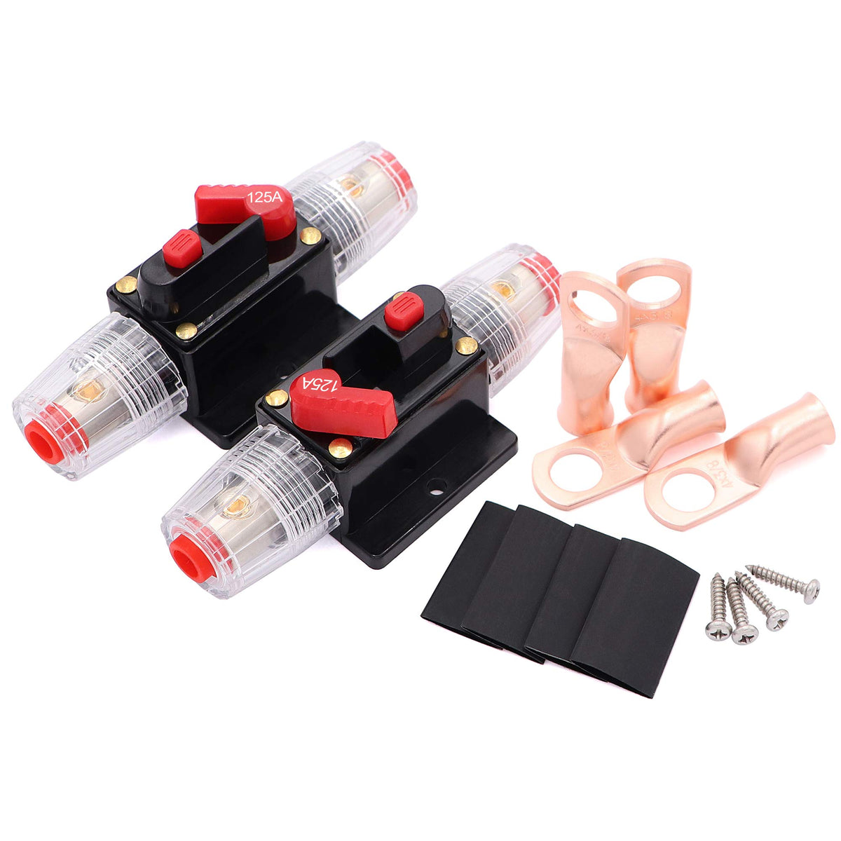 2 Pcs 125 Amp Circuit Breaker 0-8Awg With Manual Reset, 12 Volt Waterproof Inline Fuse Holder 125A For Car Audio Marine Boat Ste