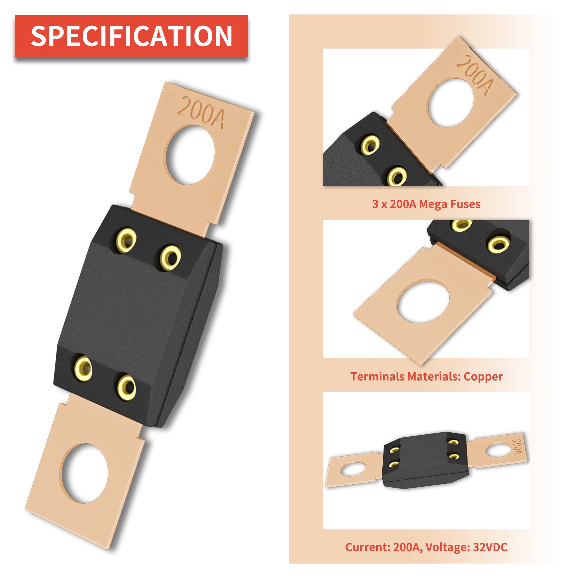 Joinfworld 3Pcs 200A Mega Fuse, High Current Bolt Mount Automotive 200 Amp Mega/Amg Fuse For Cars, Trucks, Construction Vehicles, Buses, Caravan Cars, Boats