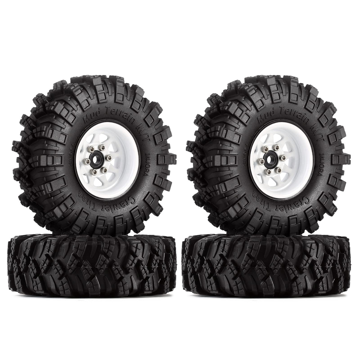 Injora 1.0 Beadlock Wheel Mud Tires Set Deep Dish 1.0'' Wheels Tires For 1/18 Trx4M Axial Ax24 Scx24 Gladiator Deadbolt Bronco C