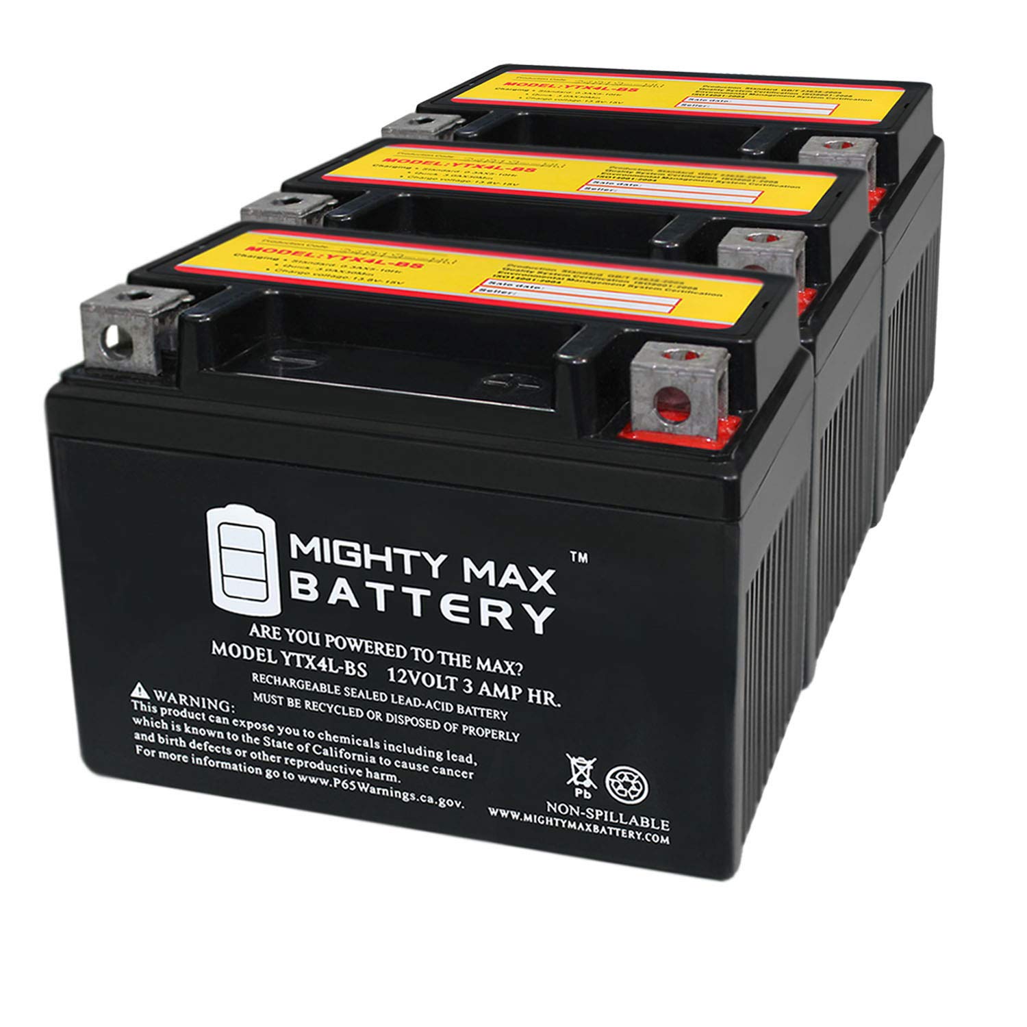 Ytx4L-Bs 12 Volt 3Ah Motorcycle Battery Replaces Ytx4L-Bs - 3 Pack