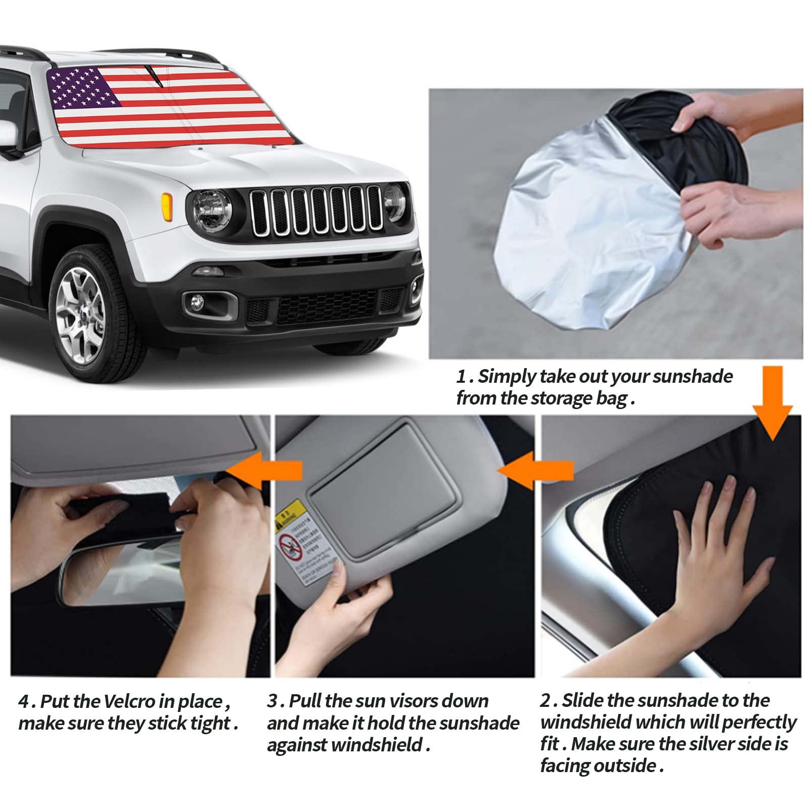 Moricere Upgrade Windshield Sun Shade With Usa Flag For Jeep Renegade 2016-2024, Foldable Windshield Sun Visor Blocks Uv Rays