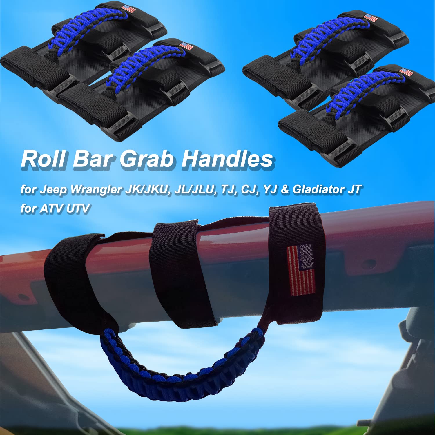 Kohuipu Roll Bar Grab Handles With Us Flag, Paracord Grip Handle For Jeep Wrangler Jk Jku Jl Jlu Tj Cj Yj & Gladiator Jt, Blue