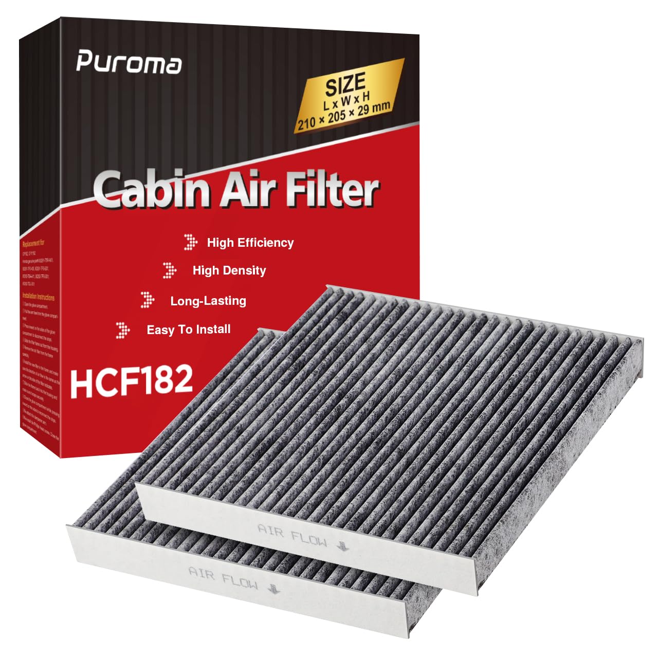 Puroma 2 Pack Cabin Air Filter with Activated Charcoal Layer Replacement for CP182, CF11182, Honda Civic, Clarity, CR-V, CR-Z, H