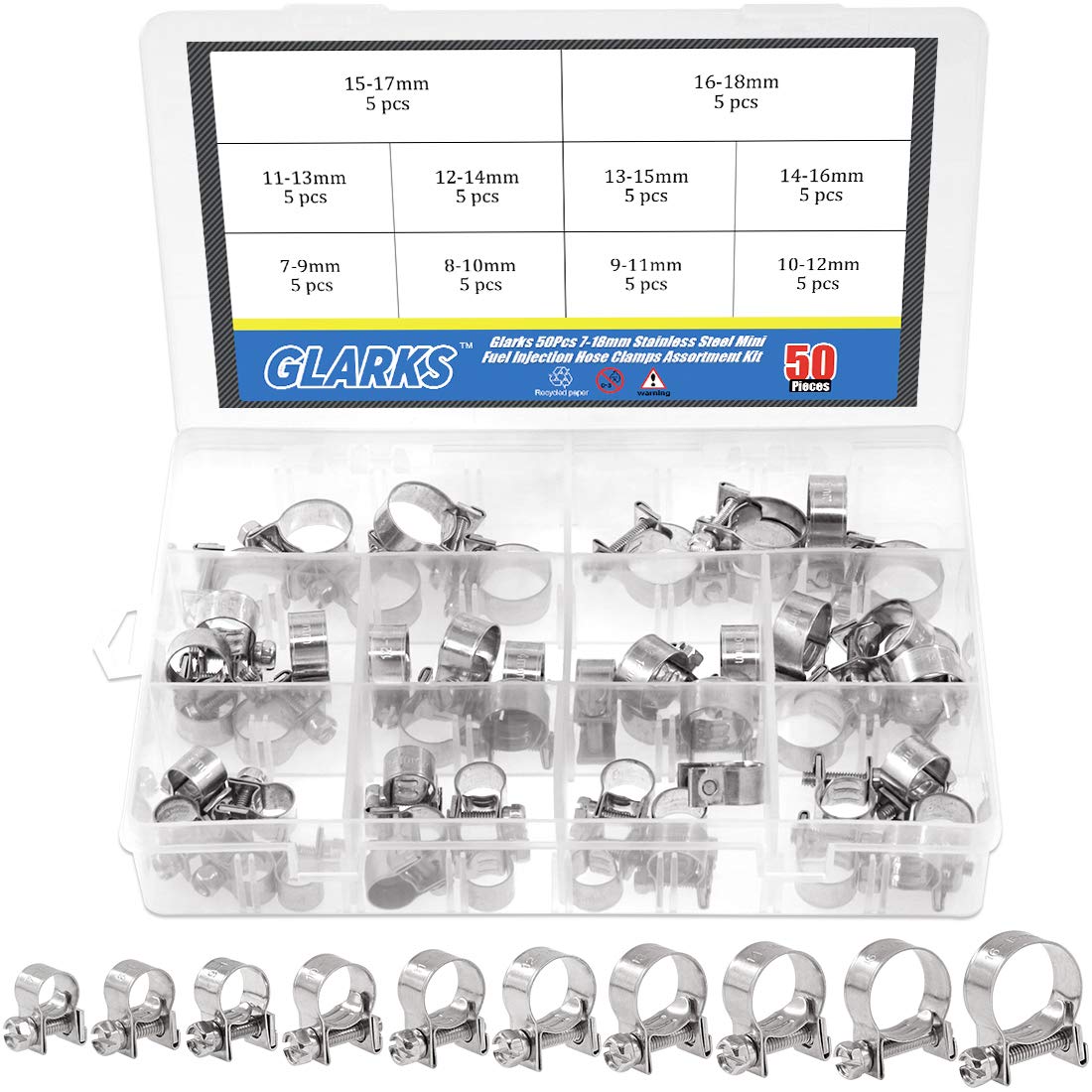 Glarks 50Pcs 7-18Mm Stainless Steel Mini Fuel Injection Hose Clamps Adjustable Pipe Hose Clip Tube Clamps Assortment Kit (Hose C