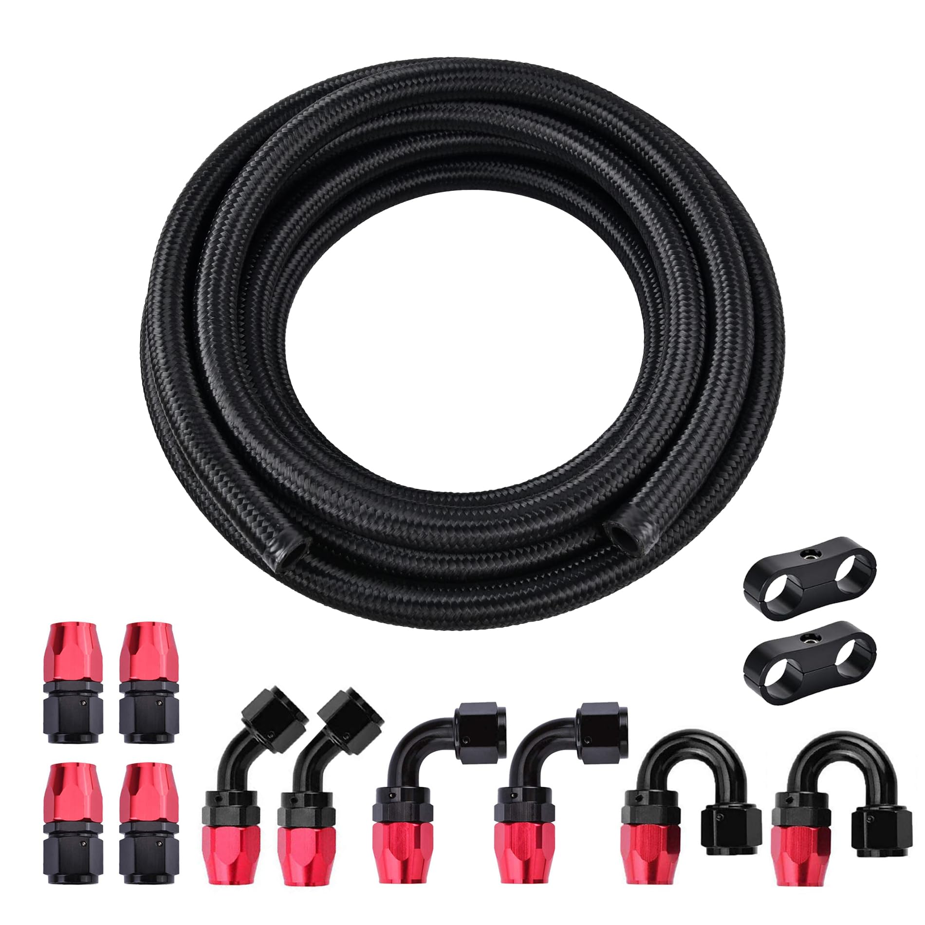 Evil Energy 6An Fuel Line Kit, 6An Nylon Braided Fuel Line Hose Fitting Kit Cpe 20Ft Black&Red
