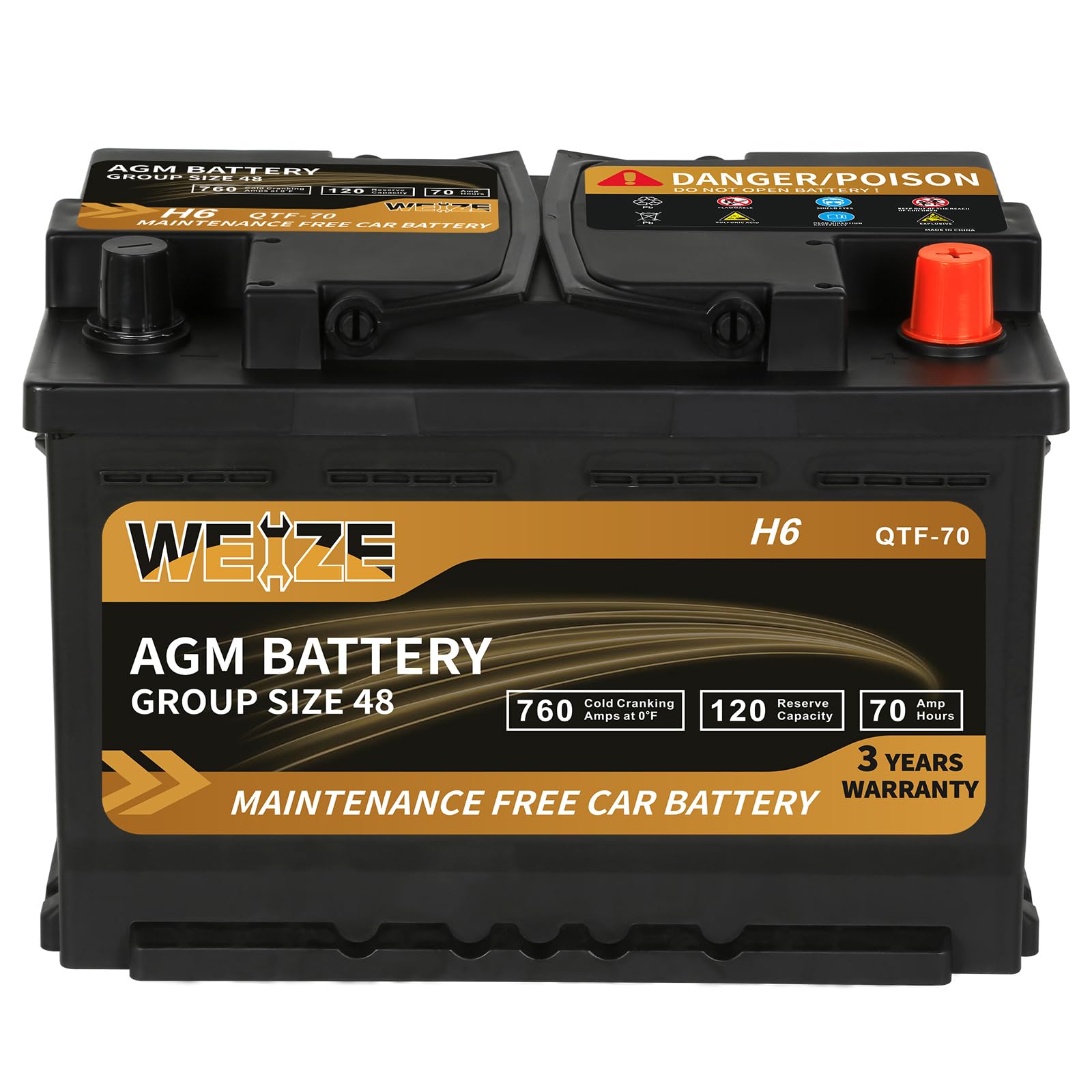 Weize Platinum Agm Battery Bci Group 48-12V 70Ah H6 Size 48 Automotive Battery, 120Rc, 760Cca, 36 Months Warranty, Dimensions 10