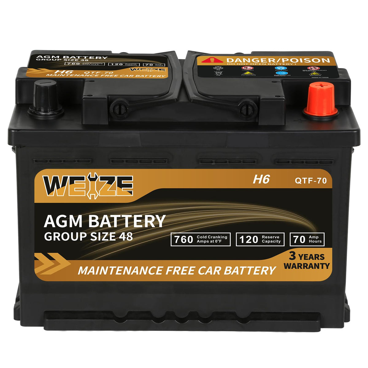Weize Platinum Agm Battery Bci Group 48-12V 70Ah H6 Size 48 Automotive Battery, 120Rc, 760Cca, 36 Months Warranty, Dimensions 10