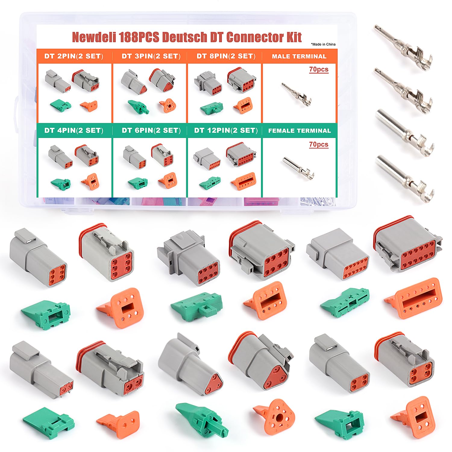 Newdeli Deutsch Connector Kit 188Pcs 12 Sets 2 3 4 6 8 12 Pin Connectors With Size 16 Stamped Contacts 14-20Awg Dt Series Sealed
