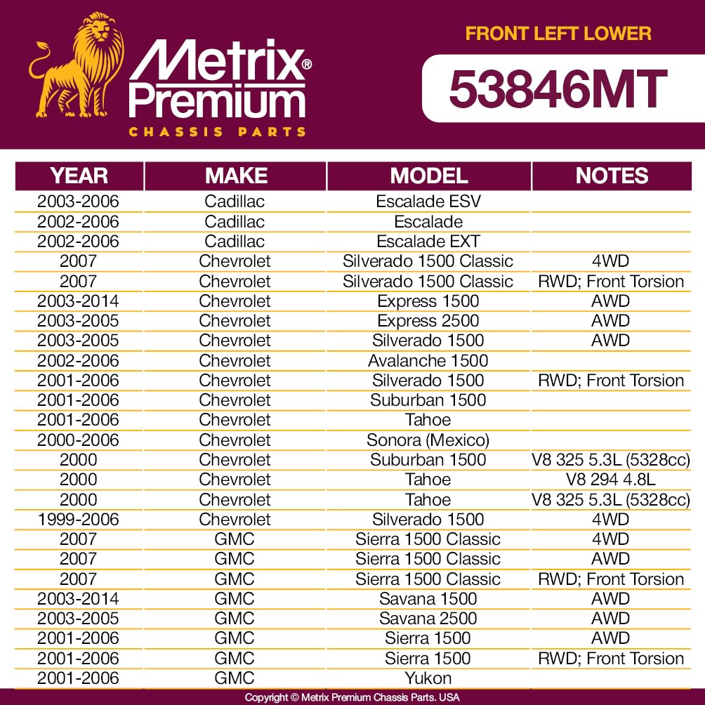 Metrix Premium Chassis Parts - Front Left Lower Control Arm W Ball Joint & Bushing Assembly Fits 02-06 Cadillac Escalade, 99-06