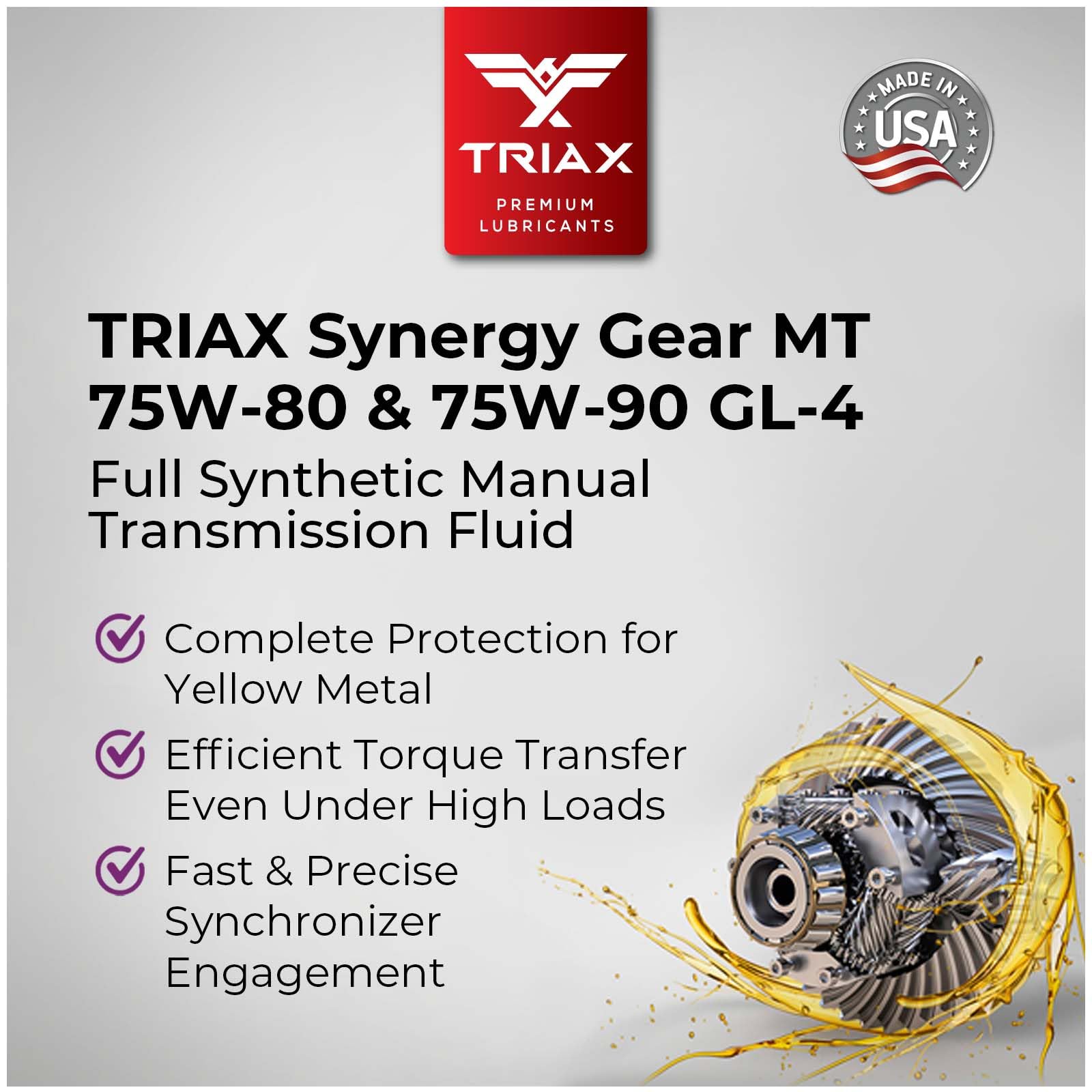 Triax Synergy Gear Mt 75W-90 Gl-4 (Mt-90); Full Synthetic Manual Trans Fluid; Smooth Shifting; No Sticking, Slipping, Vibration,