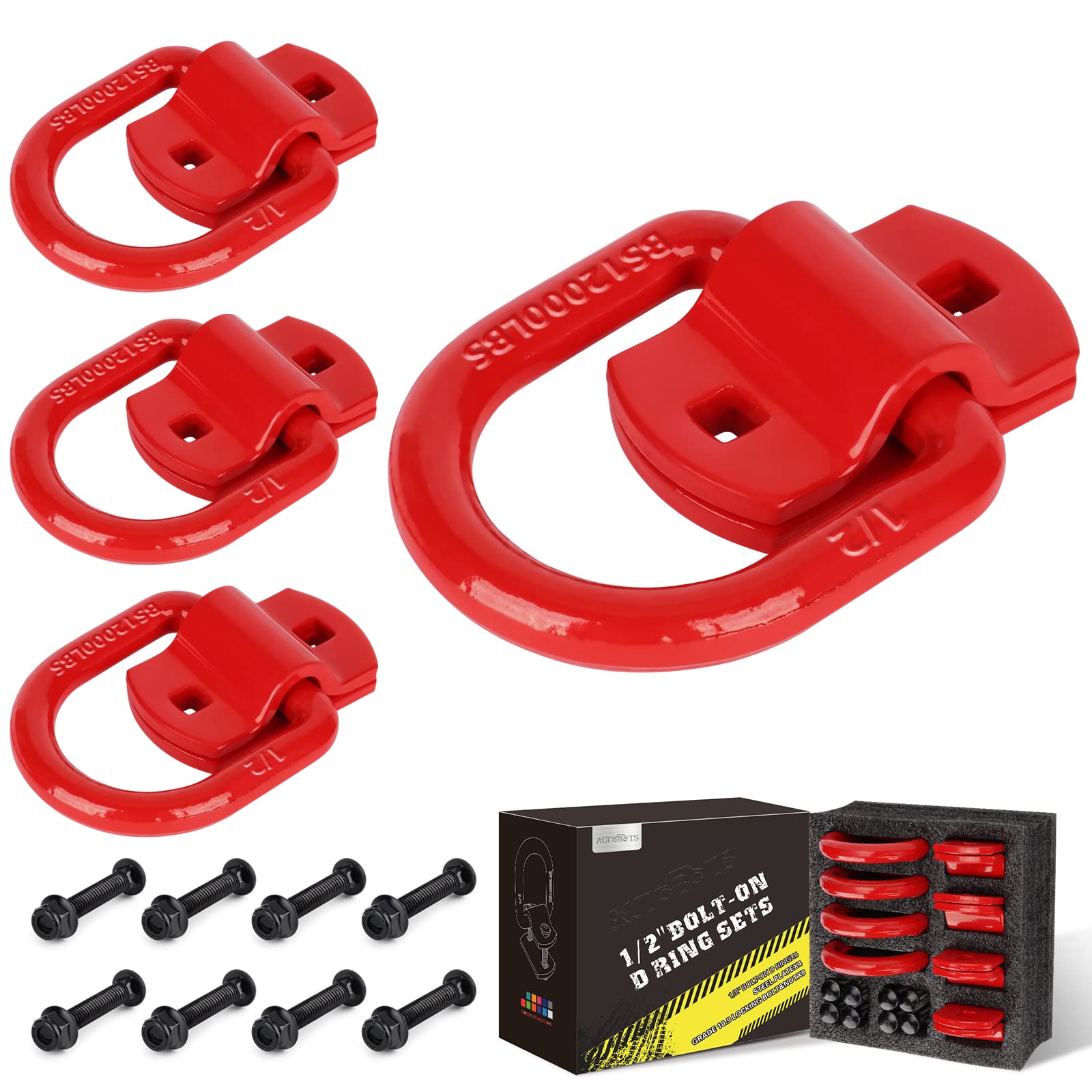 Autobots 1/2' Heavy Duty Bolt-On Forged D Ring, 12000Lbs Break Strength Tie Down Anchors Hooks, For Trailers, Trucks, And Cargo Tie Downs (Pack Of 4) Red