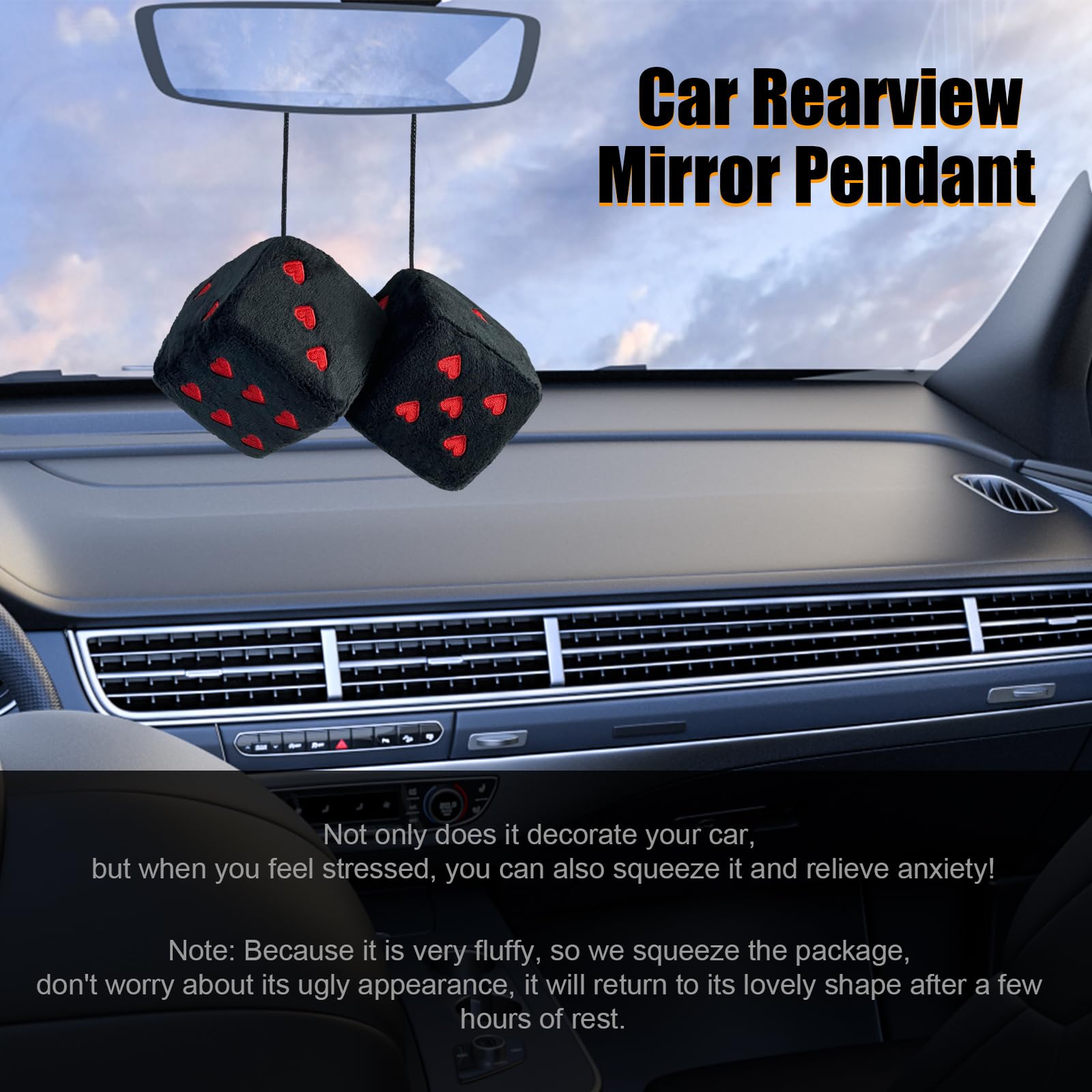 Ziciner Pair Fuzzy Plush Dice for Car Mirror, 3'' Retro Square Dice with Heart-Shape, Universal Auto Rearview Mirror Hanging Orn