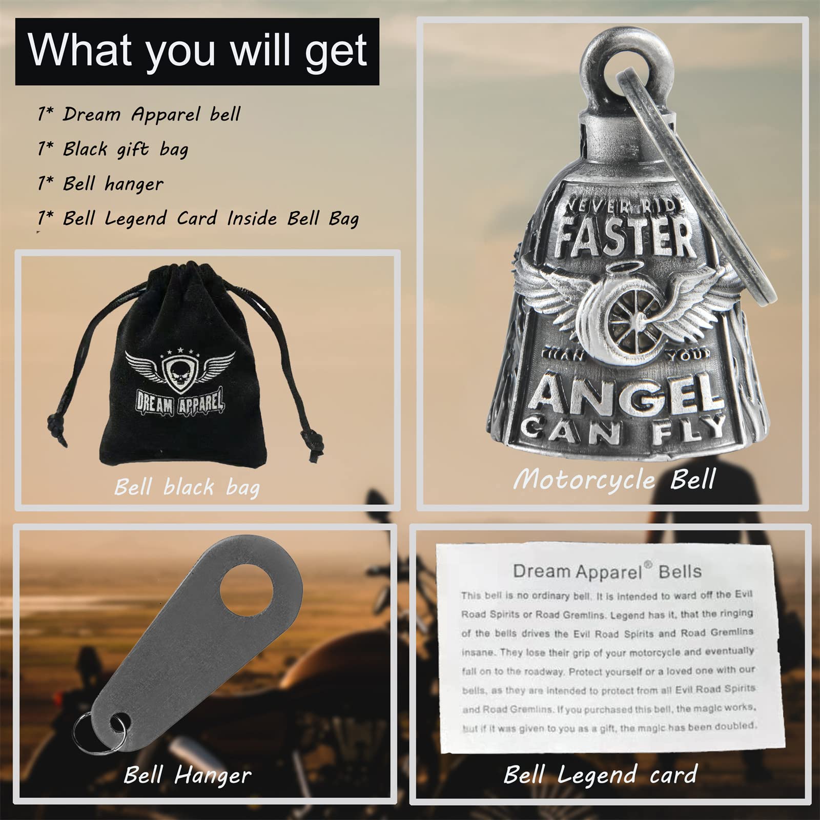 Motorcycle Bells For Bikers Guardian Angel Gremlin Bells For Motorcycle Rider Key Chain For Luck (Never Rider Faster Than Your A