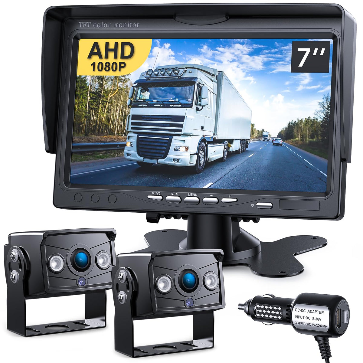Dvknm Upgrade Dual Backup Camera Monitor Kit 7" Hd 1080P Monitor Ip69 Waterproof Rearview Reversing Rear View Camera For Truck Trailer Semi-Trailer Box Truck Rv Pickup Truck Easy Installation (Tz102)
