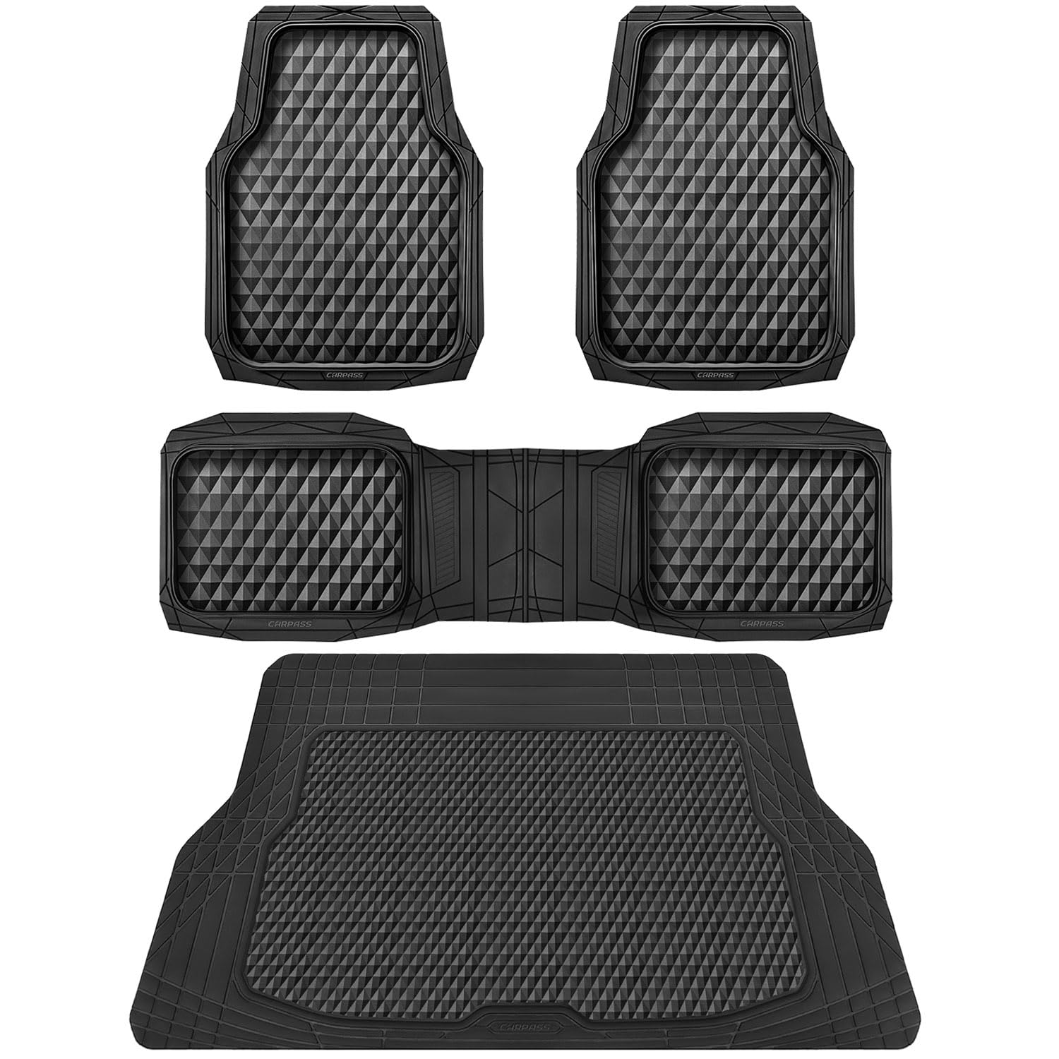 Car Pass Heavy Duty Rubber Black Car Floor Mats & Cargo Liners, Deep Dish All-Weather Trunk Mats Durable Anti-Slip 3D Rhombus Wa