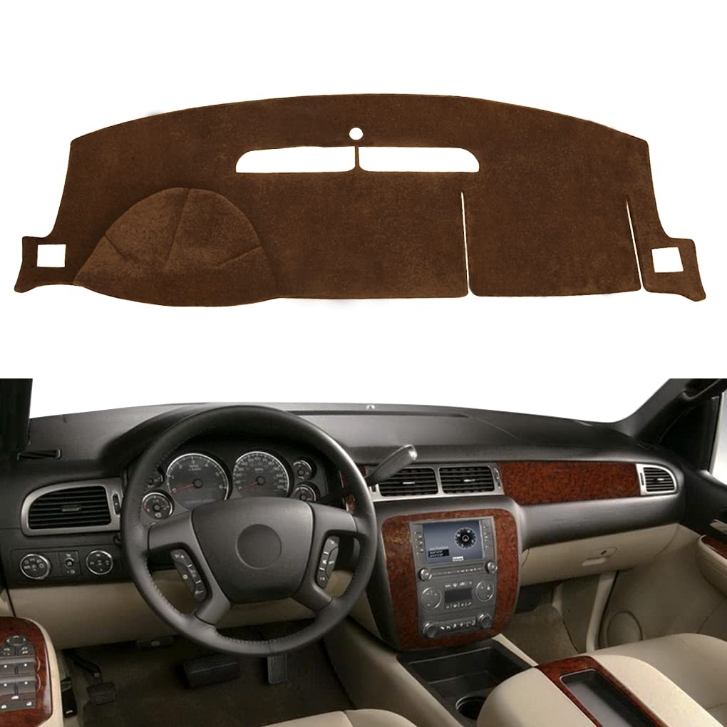 Dash Cover Mat Fit For 2007-2014 Gmc Yukon,2007-2013 Chevy Chevrolet Silverado 1500 Ltz/Avalanche/Suburban,07-14 Tahoe, Dashboard Cover Carpet Pad W/O Dash Speaker (Brown)