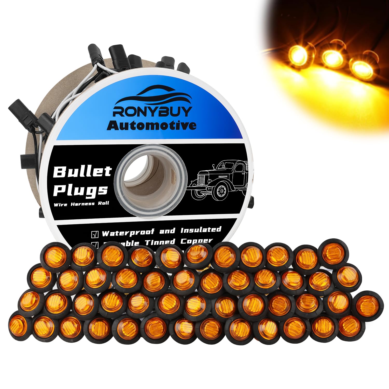 Ronybuy 50 Pcs 3/4 Amber LED Marker Lights with Connector Plug + Double Female 2 Pin Wire Harness, Amber Lens Clearance Side Mar