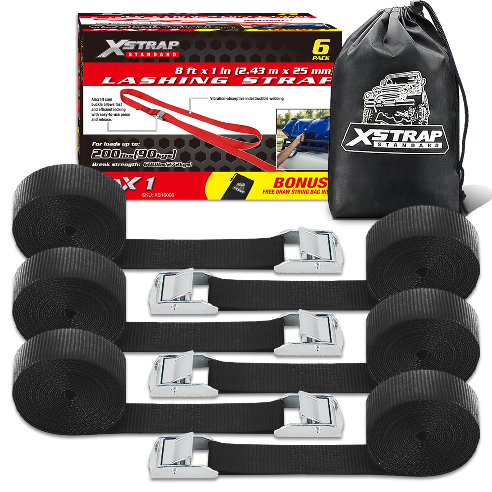Xstrap Standard Cam Buckle Straps 6Pk 8Ft Powersports Tie-Downs 1-Inch Black Lashing Straps With Carry Bag, For Securing Cargo,