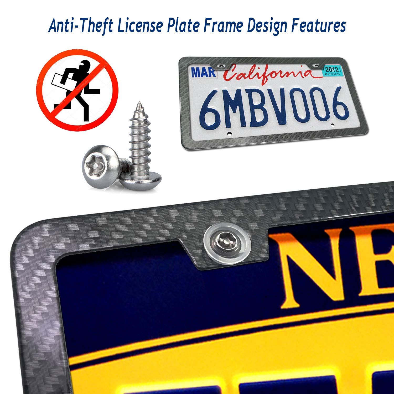 Aootf License Plate Frames Anti Theft- Tamper Proof Carbon Fiber Patterns Car Tag Holder, Heavy Duty Black Aluminum Bracket, Mou