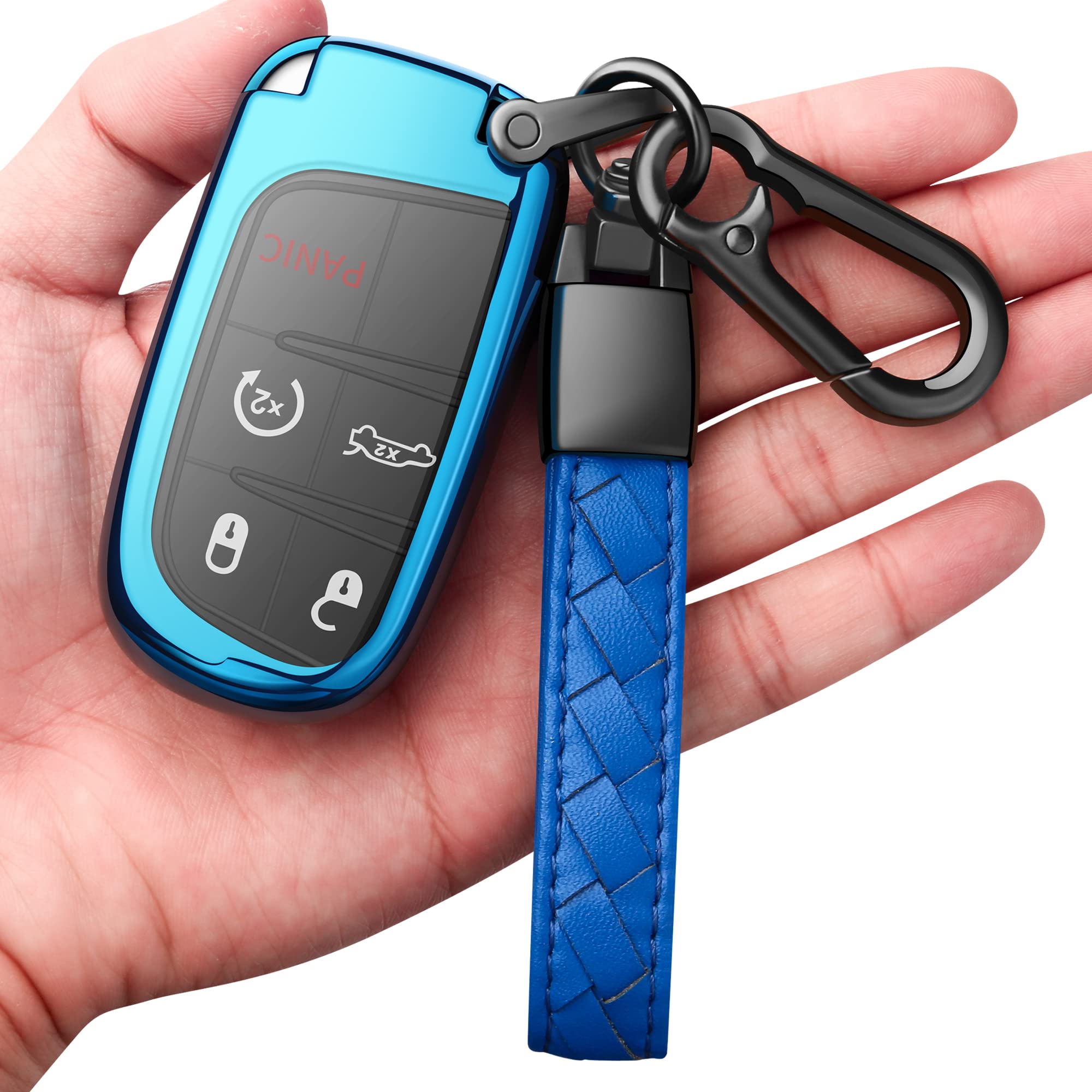 Compatible With Jeep Key Fob Cover With Leather Keychain Soft Tpu Protection Key Case For Grand Cherokee Renegade Chrysler 200 300 Dodge Ram Durango Challenger Journey Dart Fiat Smart Key,Blue