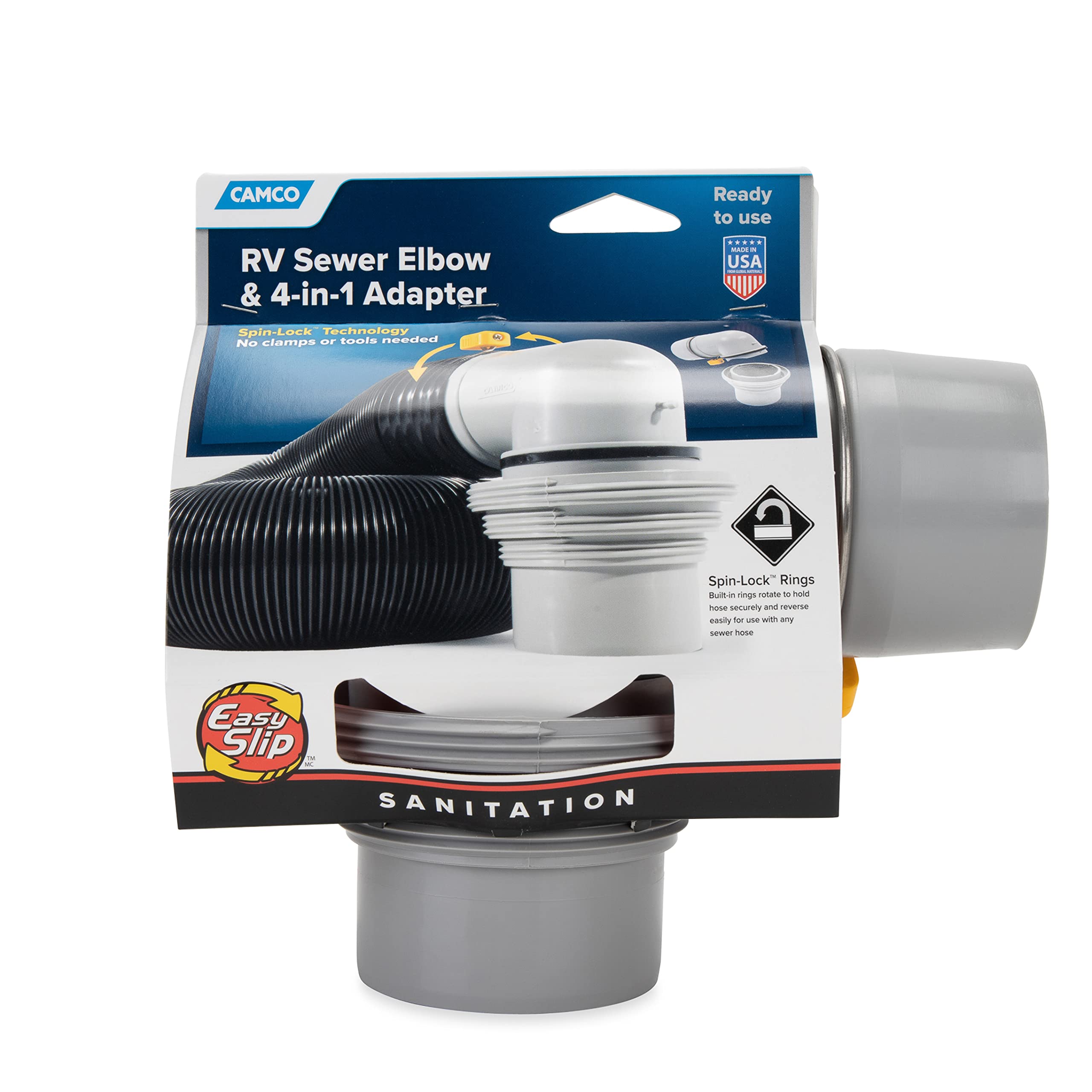 Camco Rv Easy Slip Elbow And 4-1 Adapter | Features A Larger Inside Diameter For Faster Dumping And Adapter Fits 3-Inch Slip Or 3-Inch,3.5-Inch And 4-Inch Threaded Pipe (39144)