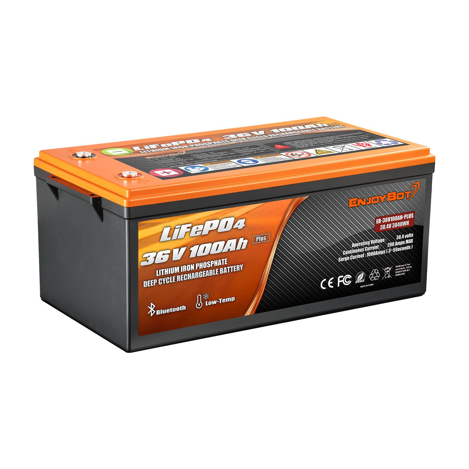 Enjoybot 36V 100Ah Plus Lifepo4 Lithium Battery, Built-In 200A Bms And Bluetooth, Support 2 Series Connection, Low Temp Cut-Off
