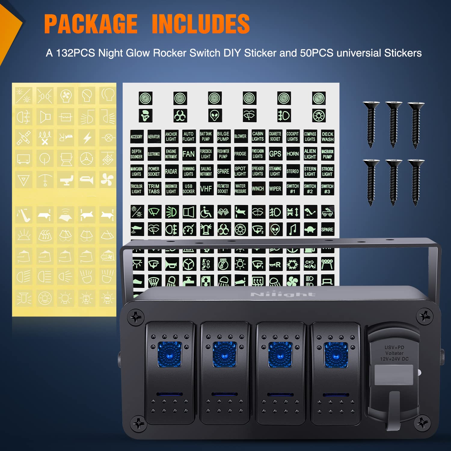 Nilight 4 Gang Rocker Switch Box 12V Spst On Off Pd Type C And Qc 3.0 Usb Charger Voltmeter Waterproof Aluminum Panel Diy Sticke