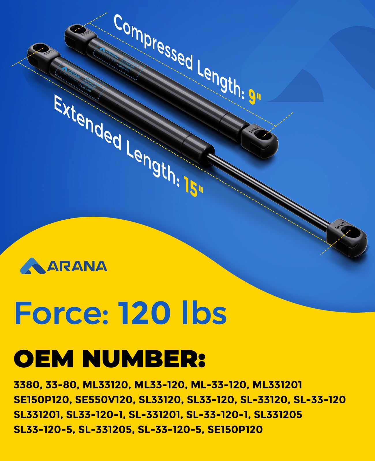 Arana Sl33-120 15 Inch Gas Strut, 15'' 120Lb/534N Lift Support For Are Truck Topper Leer Canopy Cap Camper Shell Rear Window Flo