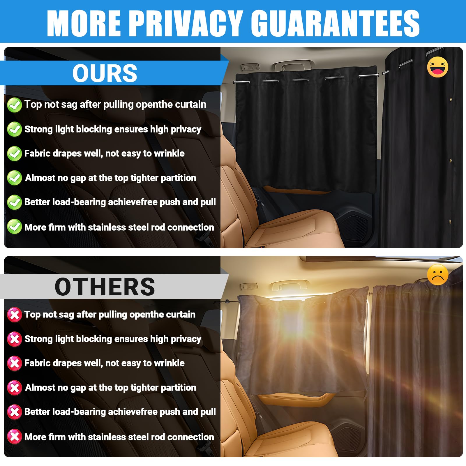Zatooto Car Window Shades With Rods Set Of 3, Side Window Shade For Back Window & Privacy Blackout Car Divider Curtain Set Opaqu
