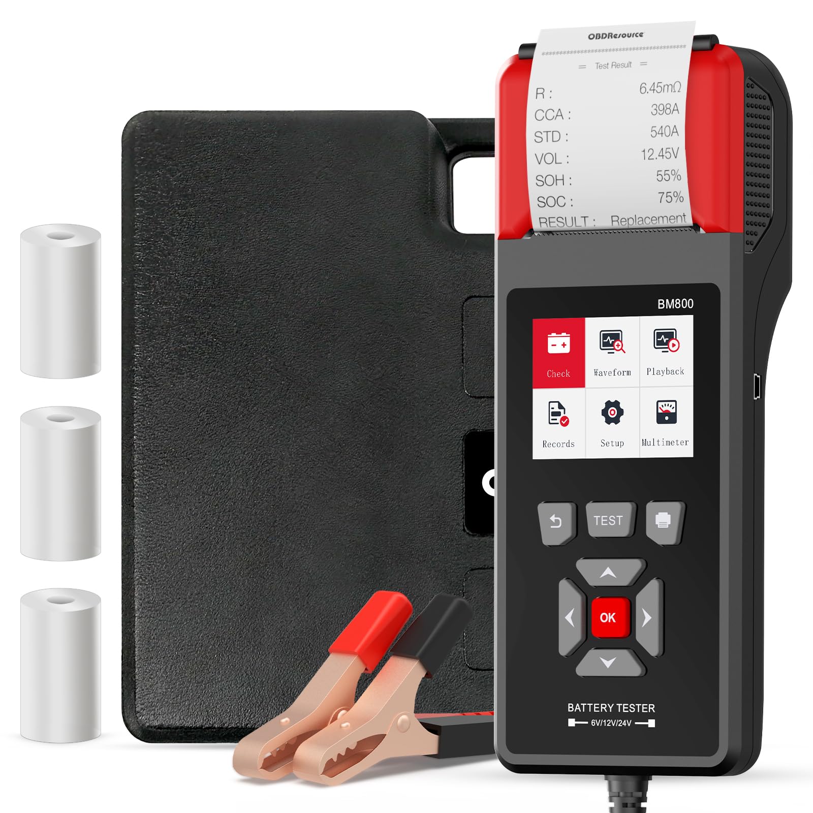 Car Battery Tester with Printer 100-2000 CCA 6V 12V 24V ELMCONFIG BM800 Battery Load Tester with Car Cranking and Charging Syste