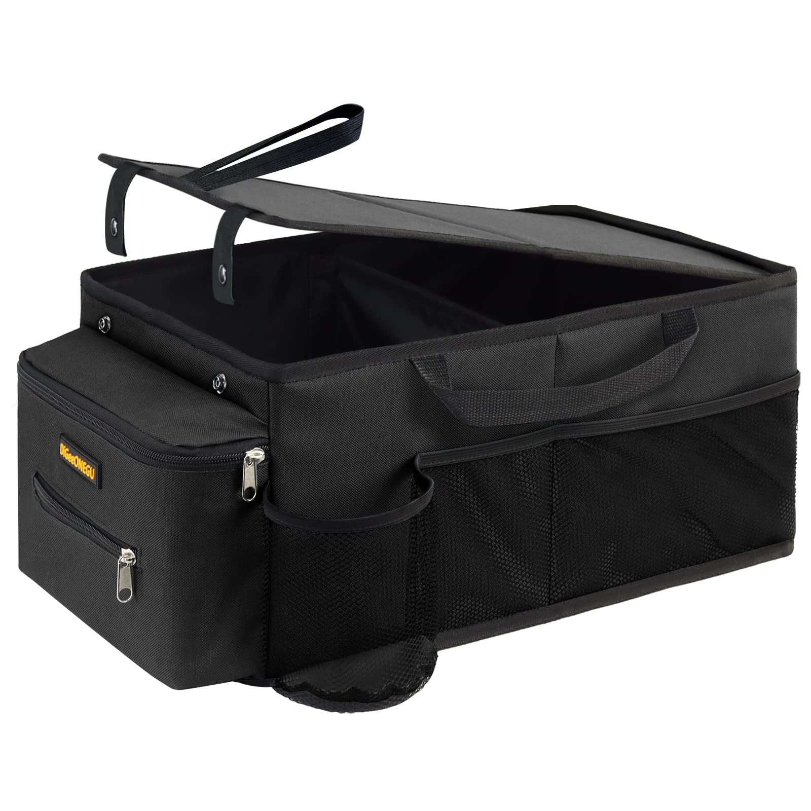 Digeeonegu Car Seat Organizer-Car Organizer Front Seat Back Seat,Car Organizers And Storage,Passenger Seat Organizer With Lid Tissue Box Cup Holder & 7 Mesh Pockets, Road Trip Essentials For Kids