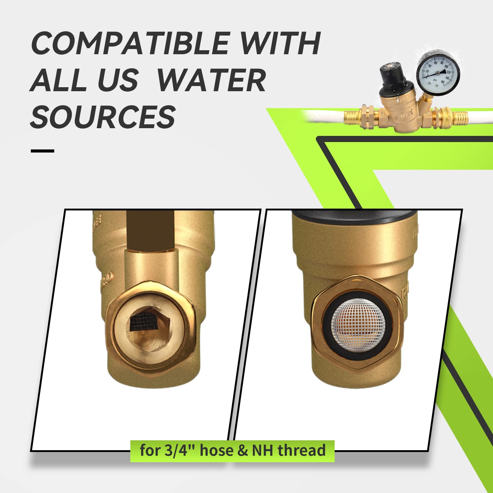 Rvmate Rv Water Pressure Regulator, Brass Lead-Free Water Pressure Reducer Kit, Adjustable Valve With Inlet Screen Filter, For C