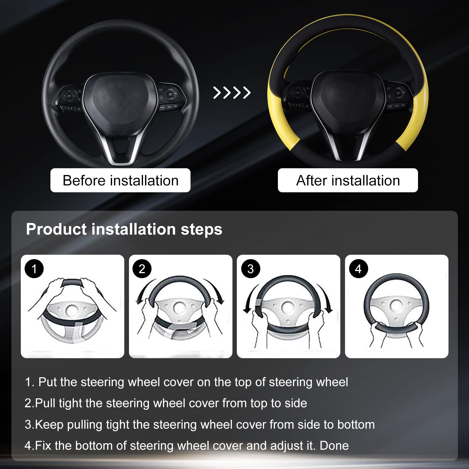 Follicomfy Auto Car Genuine Leather Steering Wheel Cover Anti Slip Wrap 15'' (Yellow)