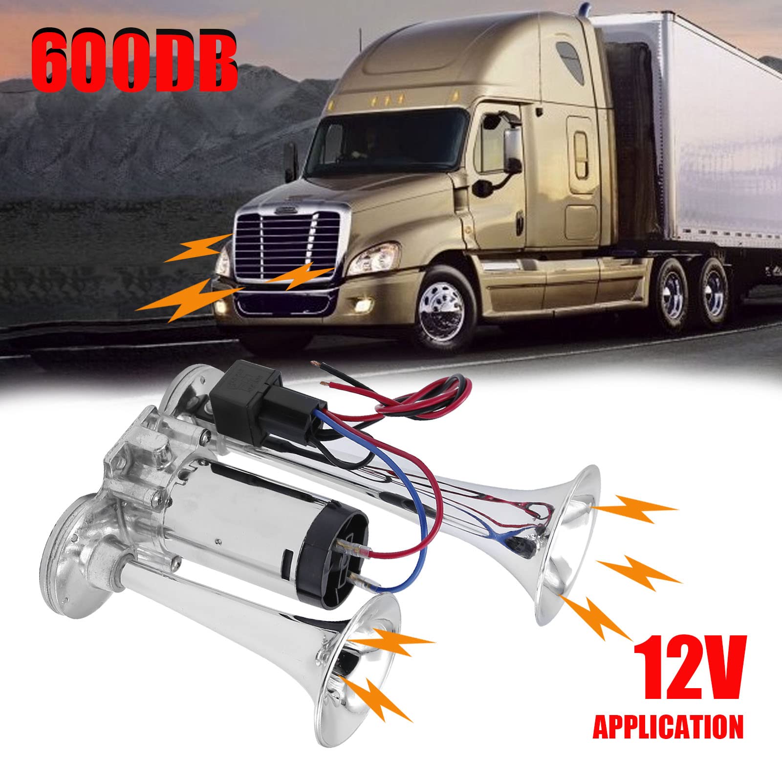 600DB Train Horn for Truck, Train Horns for Pickup Trucks, 12V Dual Trumpets Air Horn Kit, Boat Car Train Ship Van Speaker (Silv