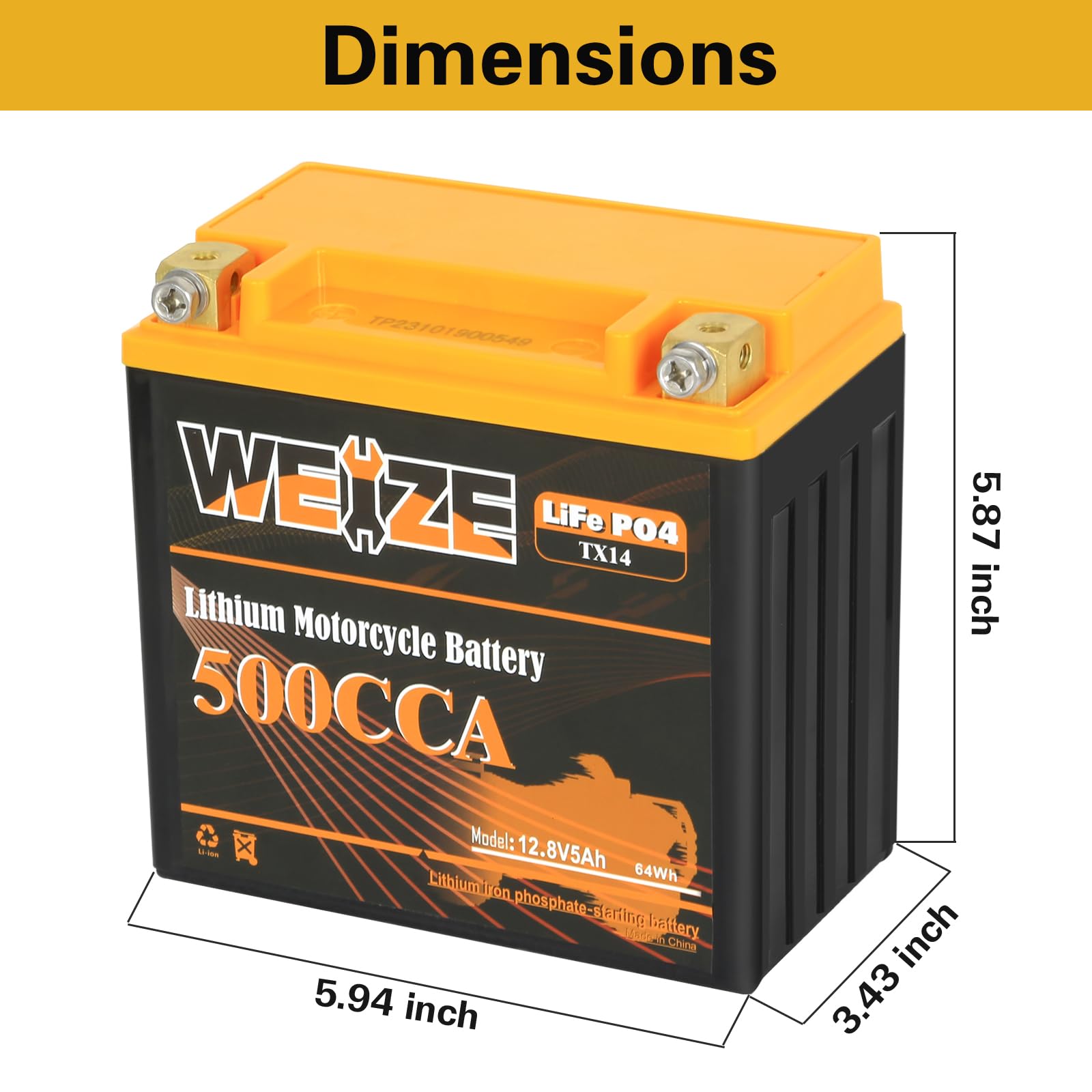 WEIZE 12V 5AH Lithium YTX14-BS Motorcycle Battery - 500A LiFePO4 for ATV, UTV, Jet Ski, Snowmobile, Lawn Mower, and