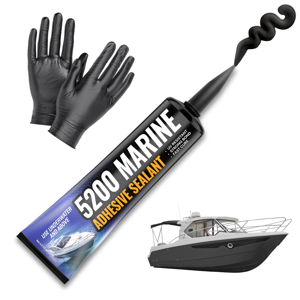 [Black] 5200 Marine Sealant - Fast Cure, High Bond Strength, UV Resistant Underwater 5200 Fast Cure, Marine Adhesive Sealant for