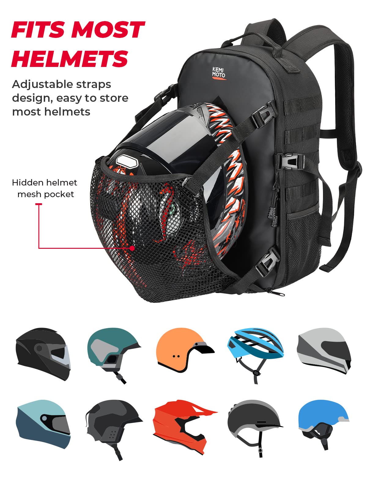 KEMIMOTO Motorcycle Helmet Backpack, 20L Helmet Bag with Hidden Helmet Net