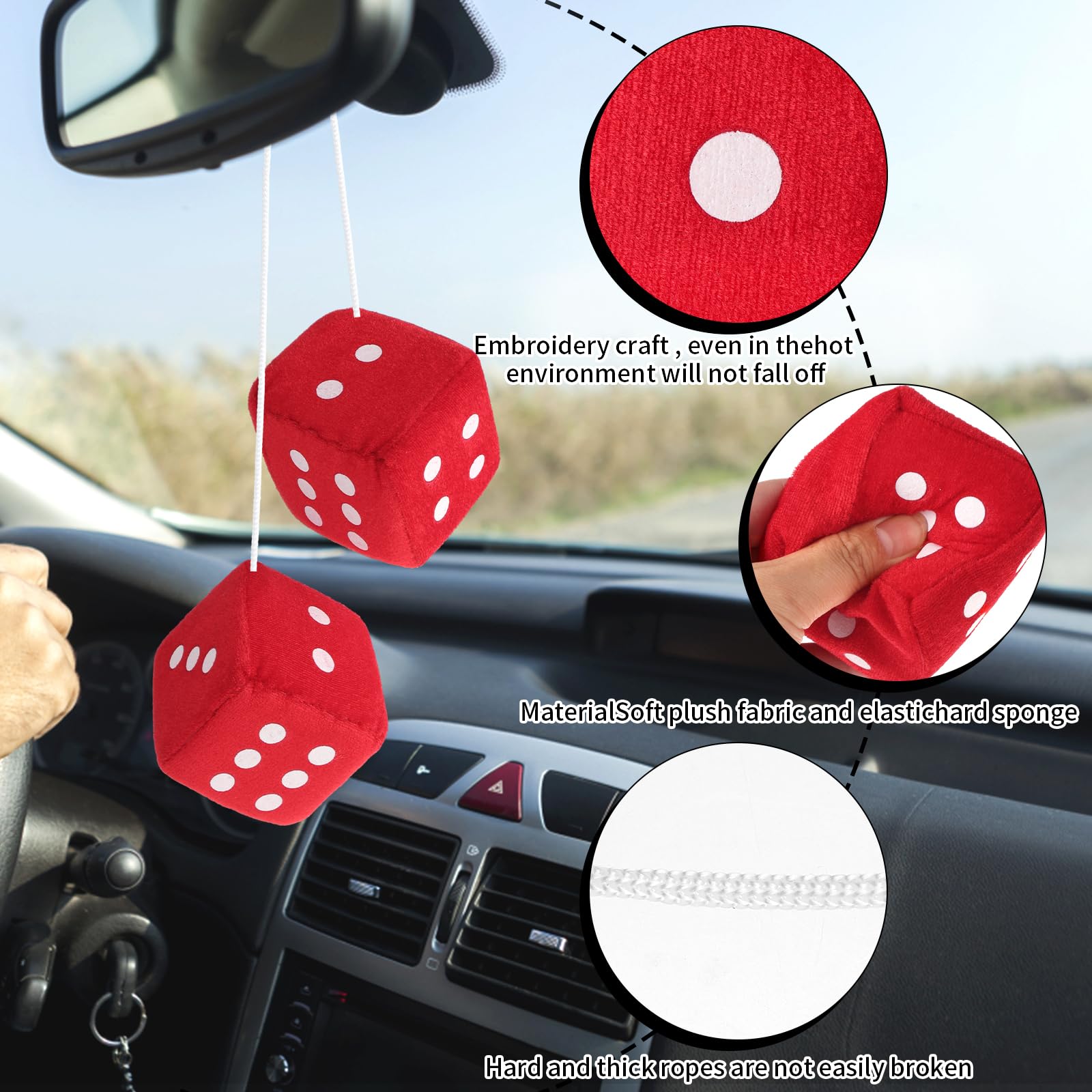 Fuzzy Dice For Rear View Mirror, Red Fuzzy Dice For Car Mirror, 2.75Inch Pair Of Plush Retro Square Hanging Dice With White Dots