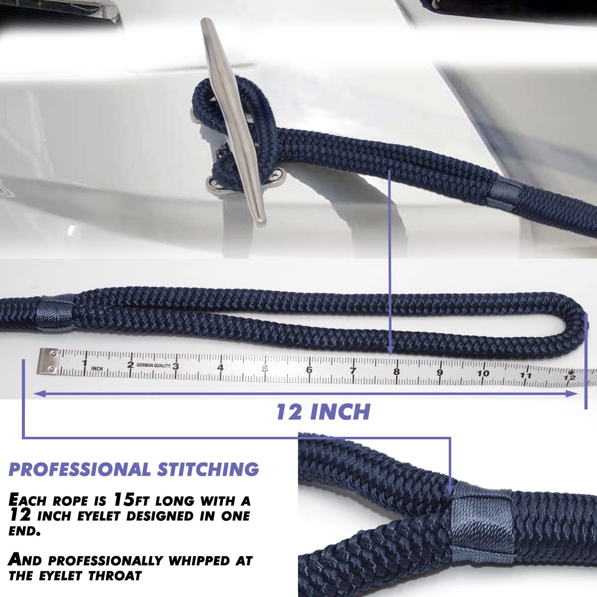 Innocedear 4 Pack 12A X 15A Dock Linesmarine-Grade Double-Braided Nylon Dock Line With 12A Eyelethi-Performance Boat Rope Moorin