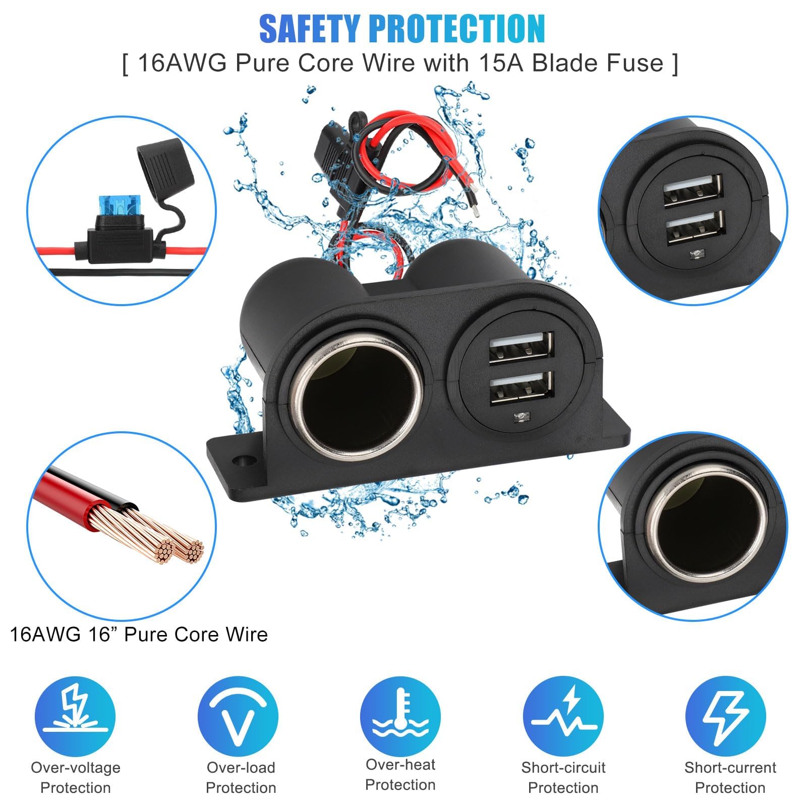 2Pcs Dual Usb Outlet Cigarette Lighter Socket Splitter With Blade Fuse, 12V 4.2A Car Charger Power Adapter Replacement Waterproo