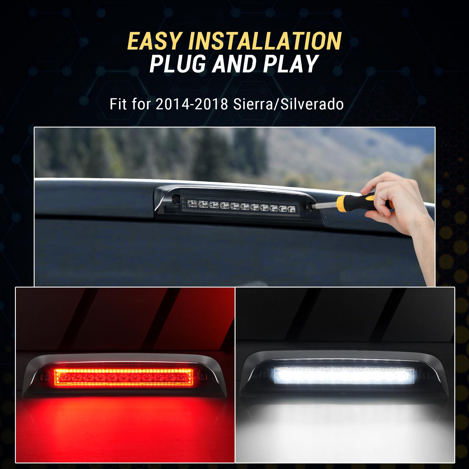 Bordan Third 3Rd Brake Light Fit For Chevy Silverado Gmc Sierra 1500 2500 3500Hd 2014-2018 Red Led Rear 3Rd Brake Cargo Lamp Hig