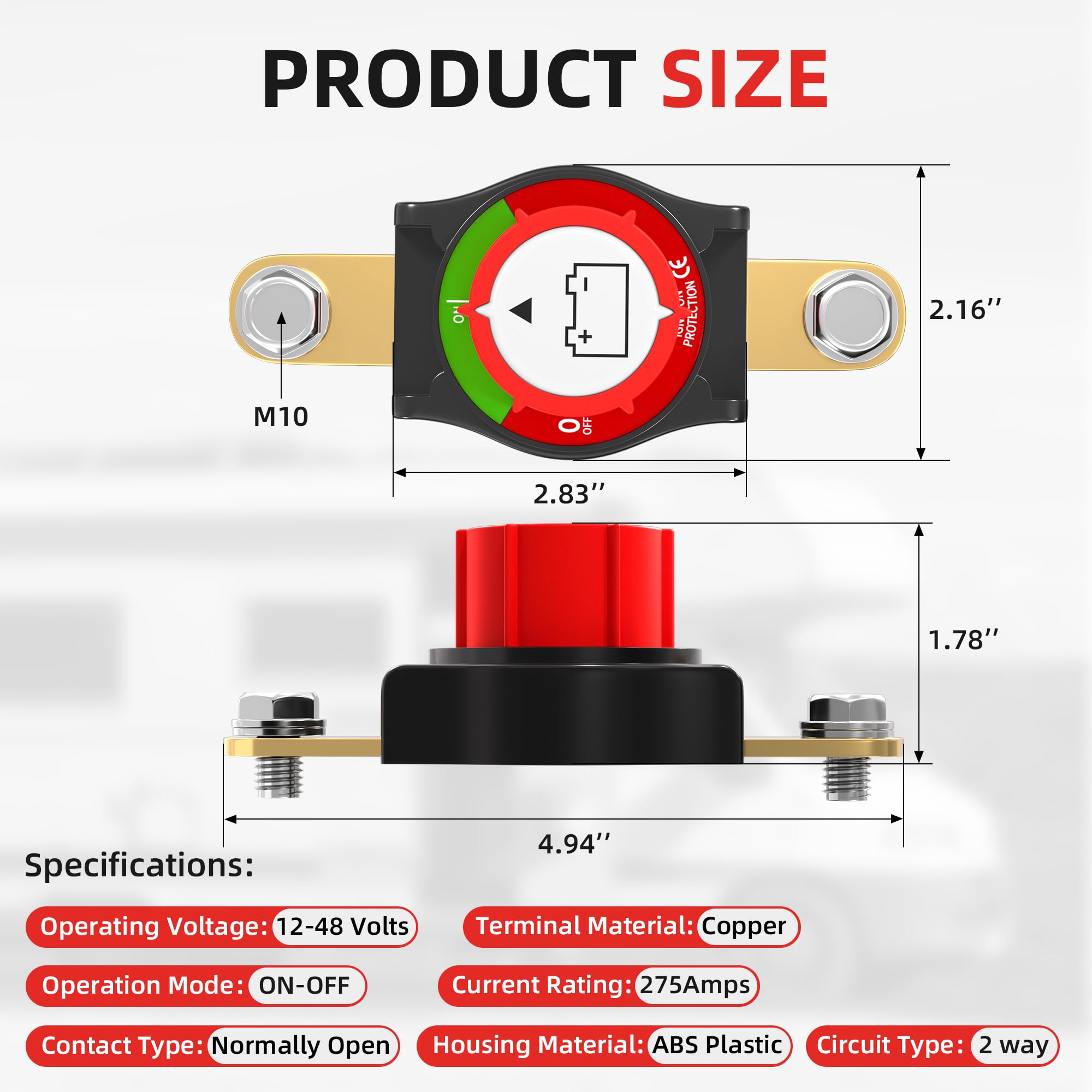 Joinfworld Side Post Battery Disconnect Switch 12V-48V 275A Waterproof Marine Battery Cut Off Switch 12 Volt For Car Rv Boat Atv