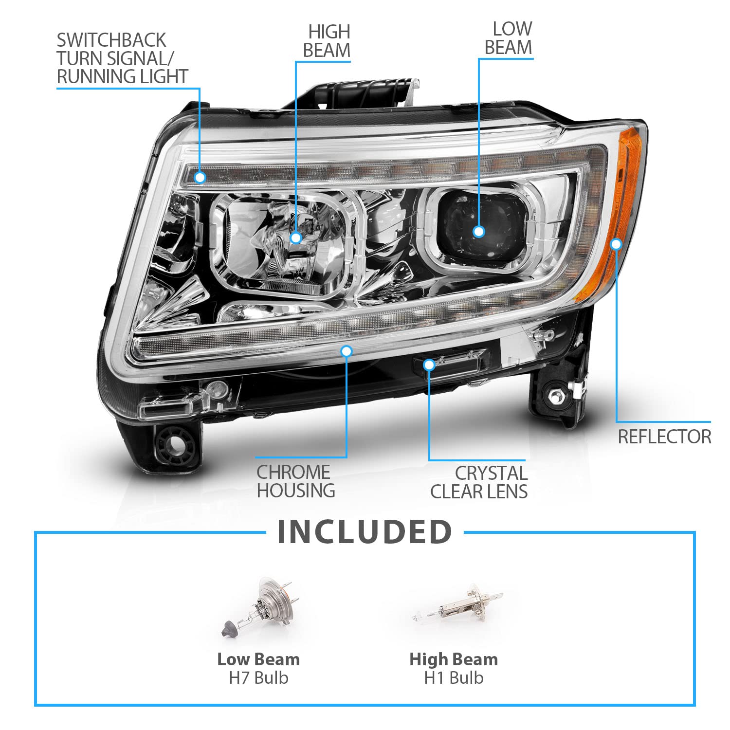 Amerilite For 2011-2013 Jeep Grand Cherokee Wk2 C-Type Led Switchback Tube Chrome Square Projector Headlight Assembly Pair - Passenger And Driver Side