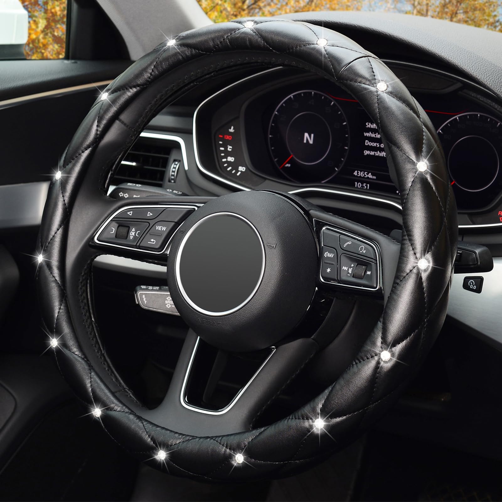 Kafeek Diamond Soft Leather Steering Wheel Cover With Bling Bling Crystal Rhinestones, Universal 15 Inch Anti-Slip, Car Interior