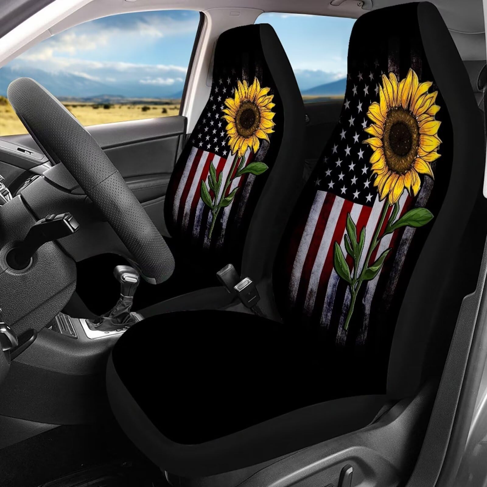 Howilath Sunflower American Flag July of 4th Patriotic Print 4 Pieces Car Seat Covers Full Set Interior Car Accessories Decor