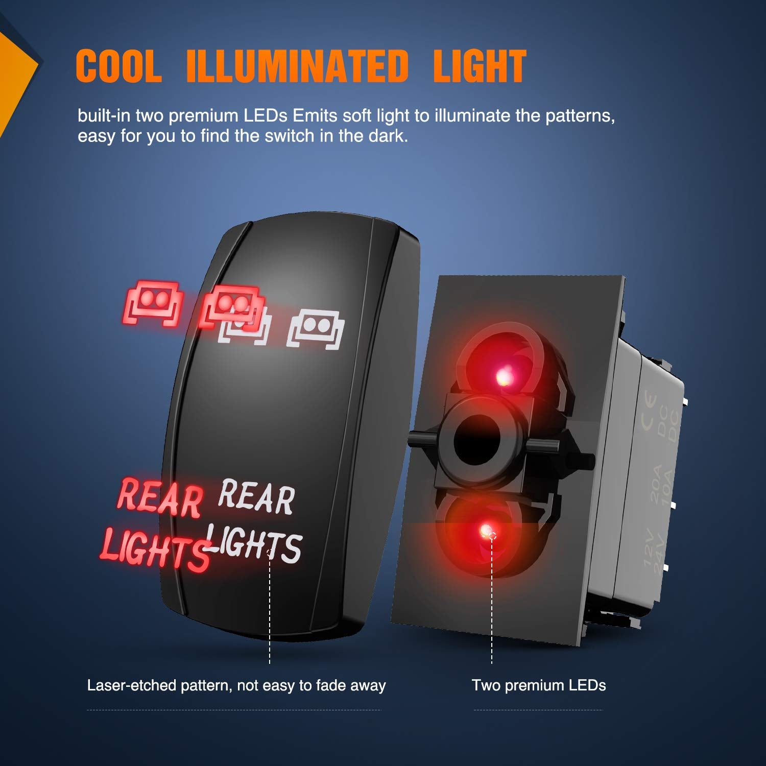 Nilight Rear Lights Rocker Switch Led Light Bar Switch 5Pin Laser On/Off switches Red 20A/12V 10A/24V Switch with Jumper Wires S