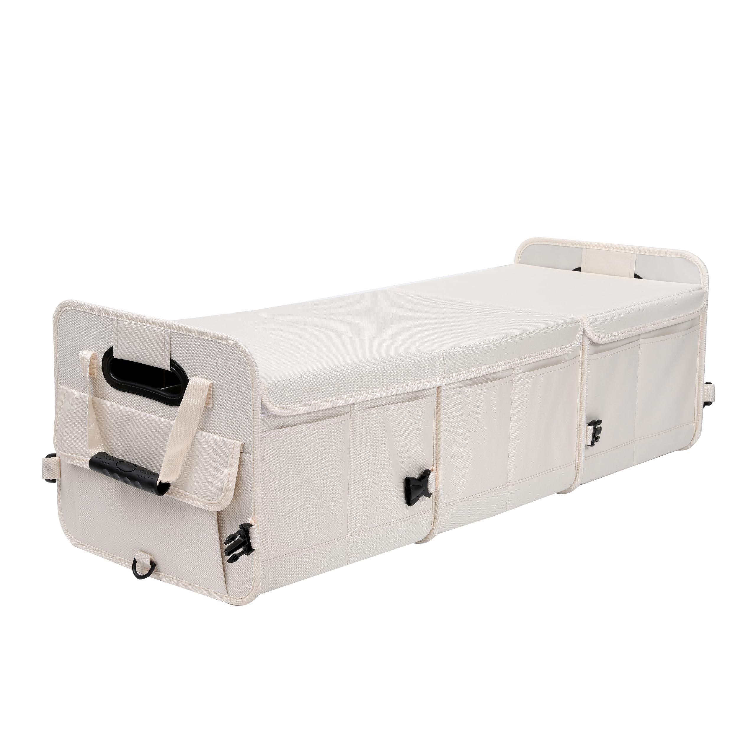 Aokjoy Car Trunk Organizer With Lid Storage Collapsible Multi Compartment Adjustable Straps For Suv, Truck, Sedan(Beige) Xl