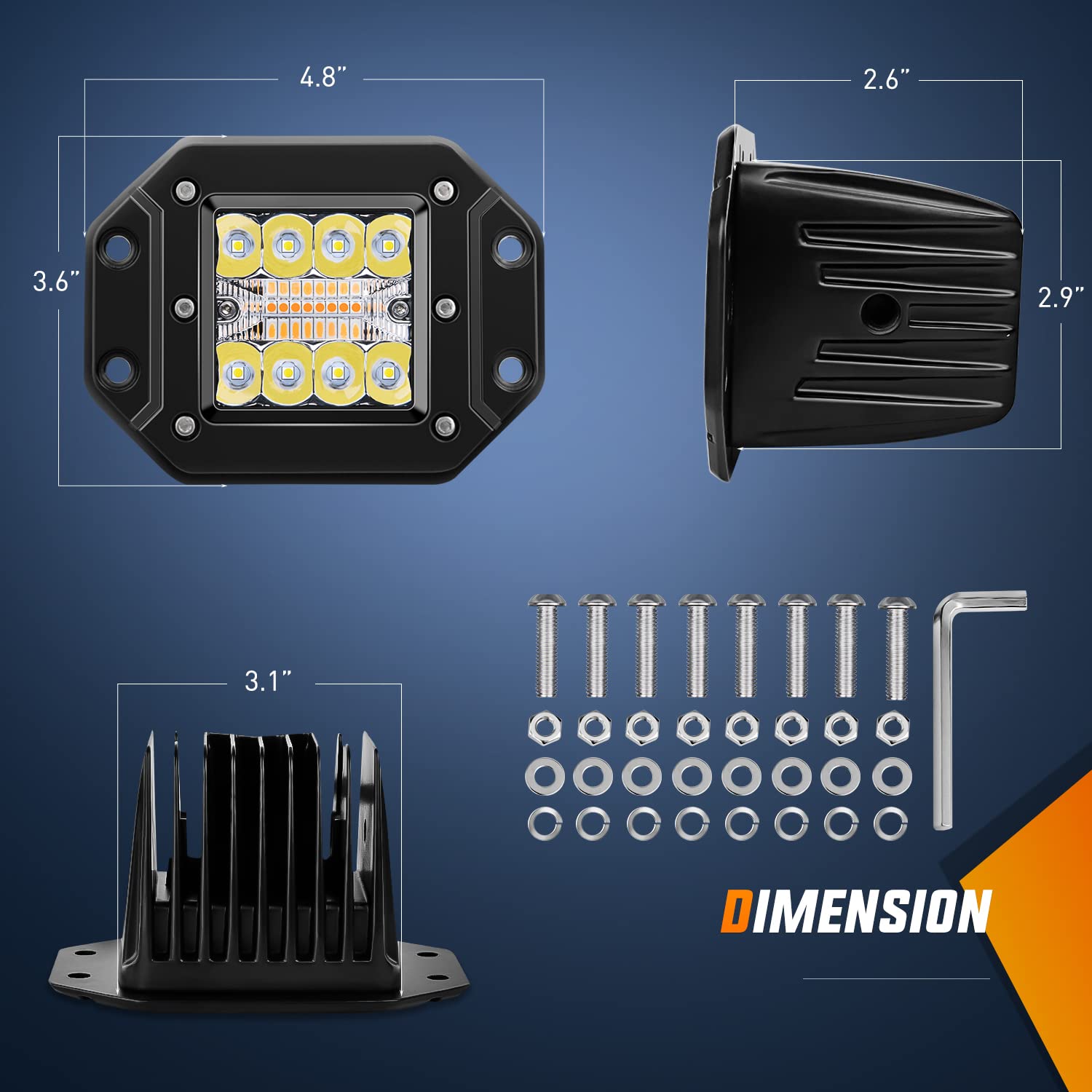 Nilight 2Pcs 42W Light Pods Flush Mount Spot Flood Amber White Strobe 6 Modes Memory Function Off-Road Truck Car Atv Suv Cabin B